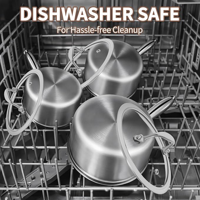 EWFEN 3 Ply Stainless Steel Saucepan with Lid, 2 Quart Multipurpose Cooking Pot, Stay-Cool Handle, Induction Oven Dishwasher Safe, 2 QT