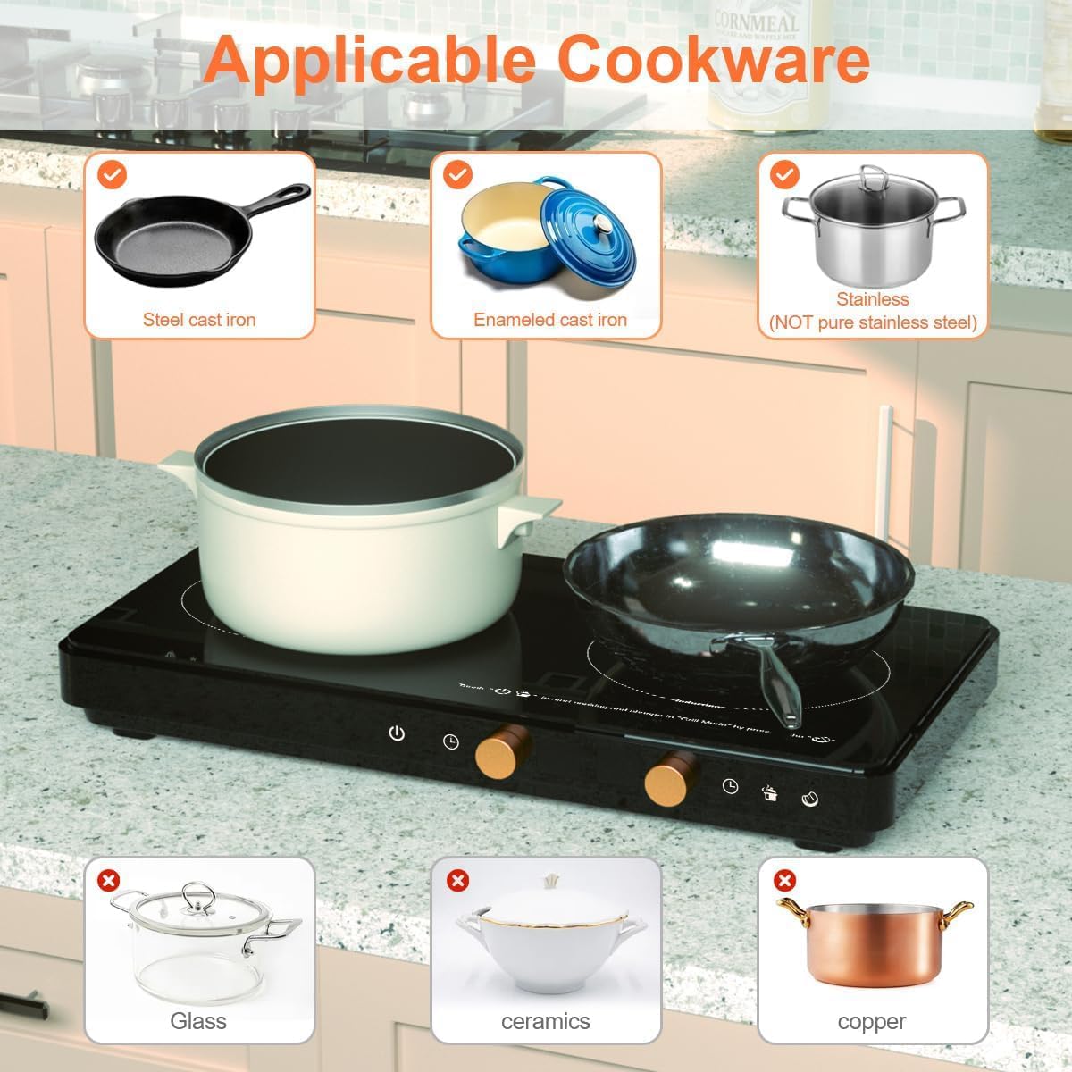 Portable Double Induction Cooktop with Removable Non-Stick Cast Iron Griddle Pan, 2 Burner Electric Stove with Timer & Digital Temperature Control, Black