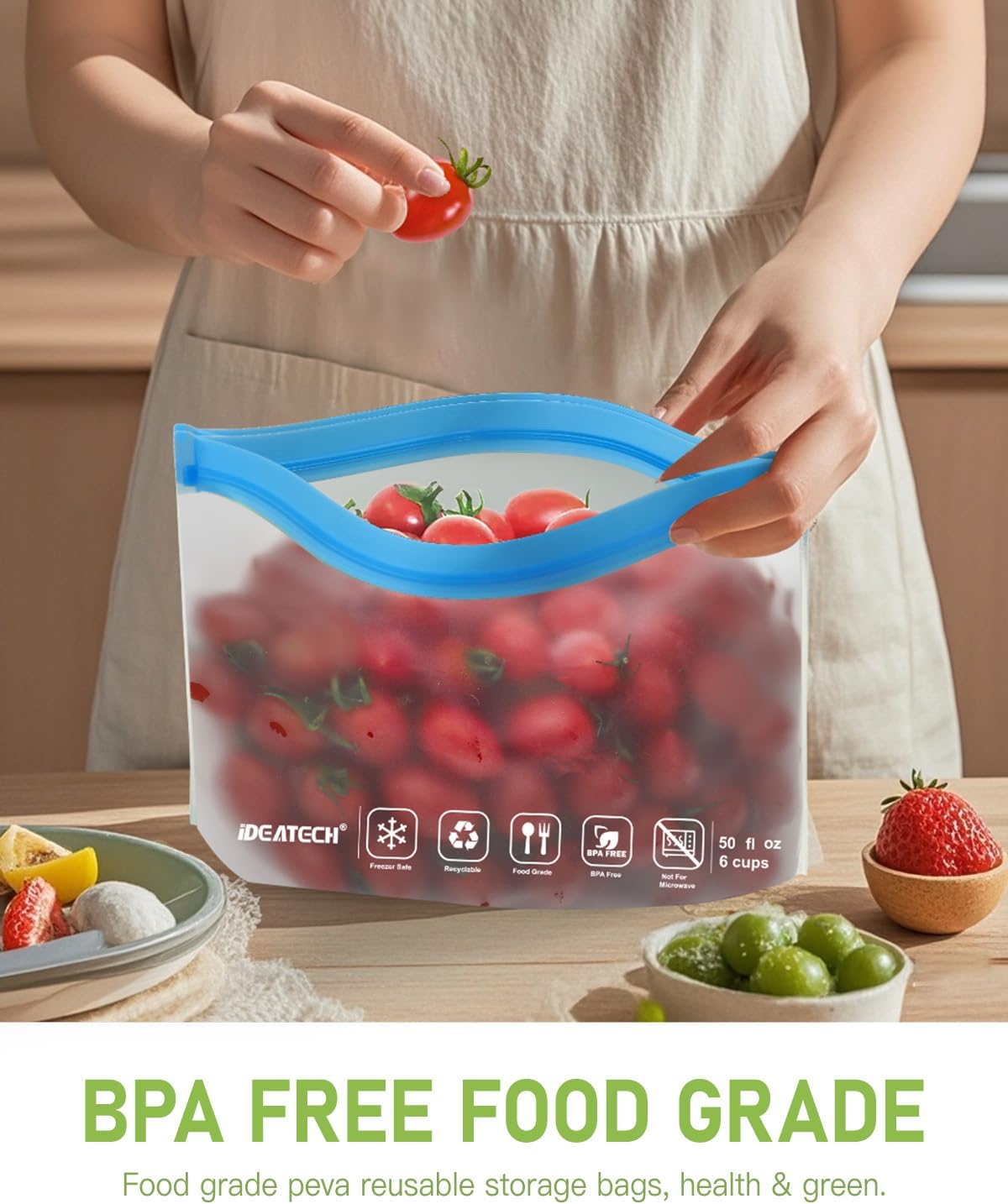 IDEATECH Sandwich Food Storage Bags, BPA Free PEVA Reusable Gallon Freezer Bags, Reusable Sandwich Bag, Healthy Food Containers for Lunch, Travel (Grey, 12Pack-7Gallon+5Quart)