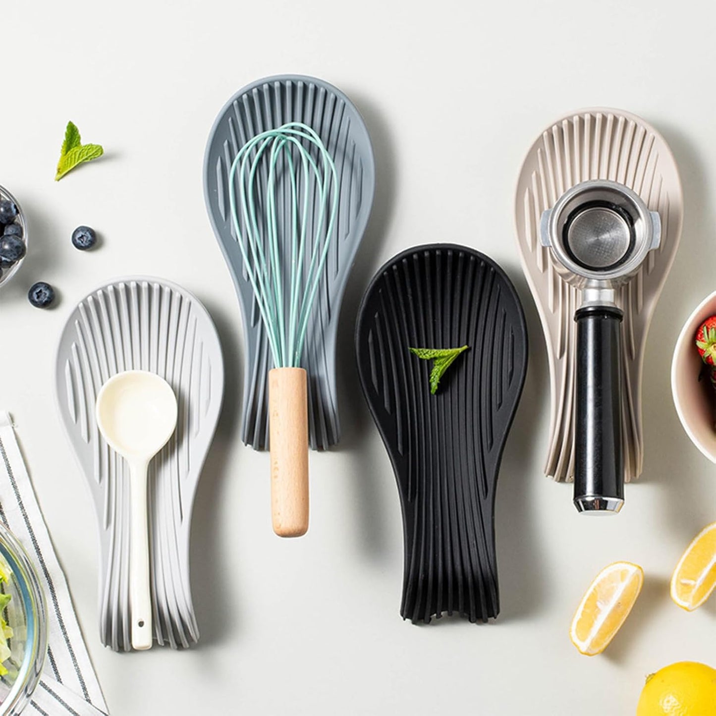 Stove Top Spoon Rest - Heat Resistant & Non-Slip Silicone Holder for Kitchen Counter, Large Cooking Utensil Res (Light Gray)