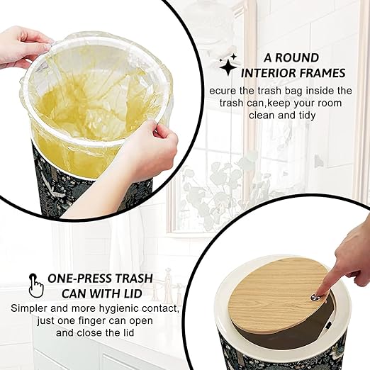 Trash Can with Lid Whimsical Woodland Foxes Birds Amidst Trees Flowers Press Top Round Small Garbage Bin with Wooden Legs Waste Basket for Kitchen Bedroom Nursery 7L/1.8 Gallon