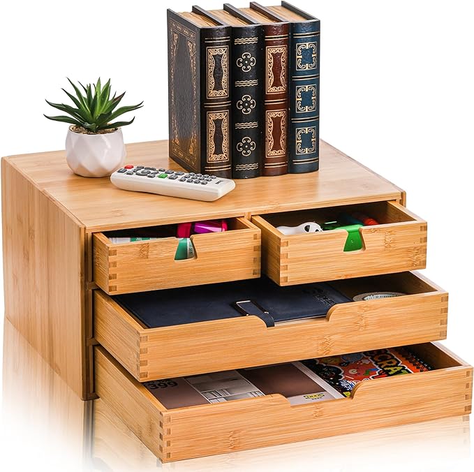 DEAYOU Bamboo Desk Organizer, 100% Natural Bamboo Desktop Drawer Organizer, Tabletop Storage Cabinet Organization Box with 4 Drawers for Makeup, Letter, Home Office Supplies, 3-Layer, Fully Assembled