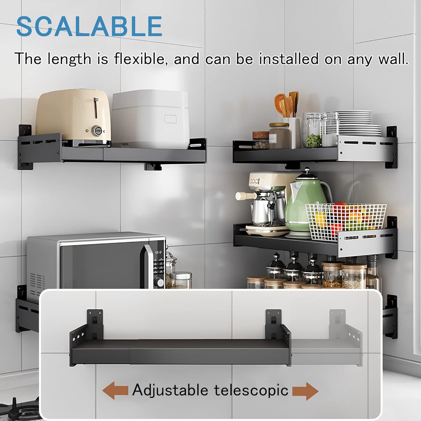 Retractable Stainless Steel Wall Rack, Commercial Storage Rack, countertop Multifunctional Storage Bracket, Kitchen Seasoning Rack for Electric Oven Microwave (16"~25.5" Black)