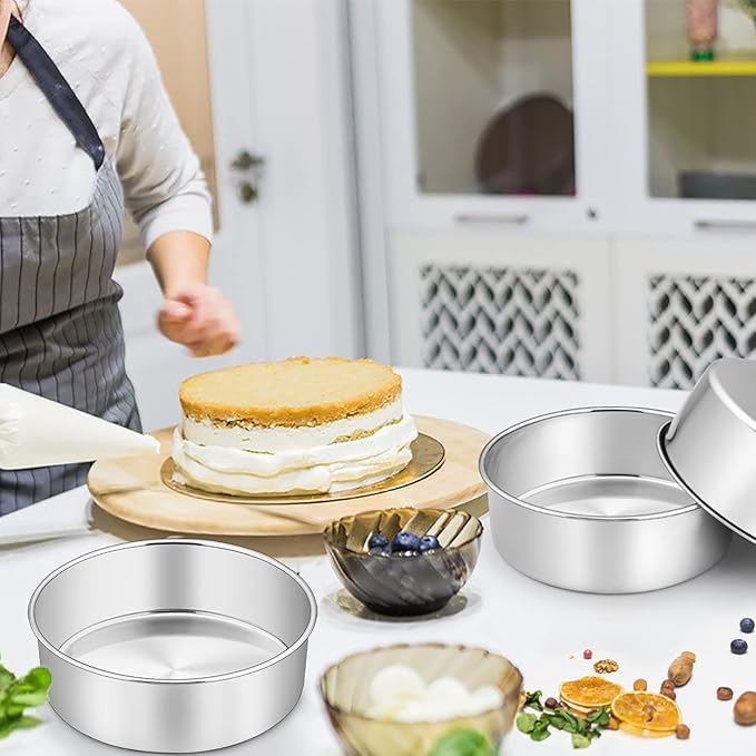P&P CHEF 8 Inch Cake Pans Set, Round Baking Pan Stainless Steel Layer Birthday Wedding Cake Oven Pans, Non Toxic & Heavy Duty, Deep Side & Mirror Finish, Dishwasher Safe, (3Pcs)