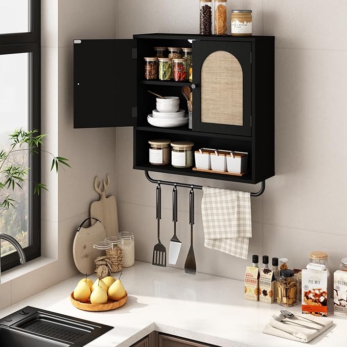 RUSTOWN Rattan Bathroom Wall Cabinet, Boho Medicine Cabinet with 2 Arched Doors, Farmhouse Over The Toilet Storage Cabinets with Adjustable Shelves & Towel Bar