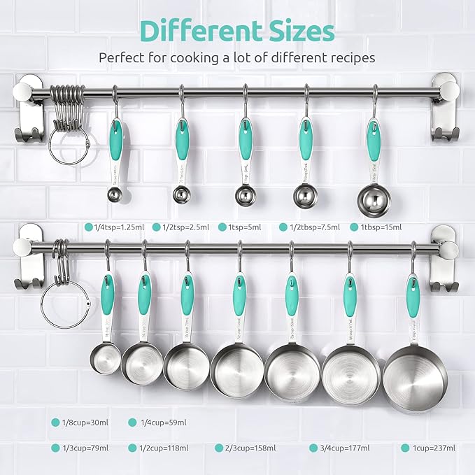 U-Taste 12 Piece Measuring Cups and Spoons Set in 18/8 Stainless Steel, and 18/8 Stainless Steel 3.9 inch 30 Mesh Strainer (Aqua Sky)