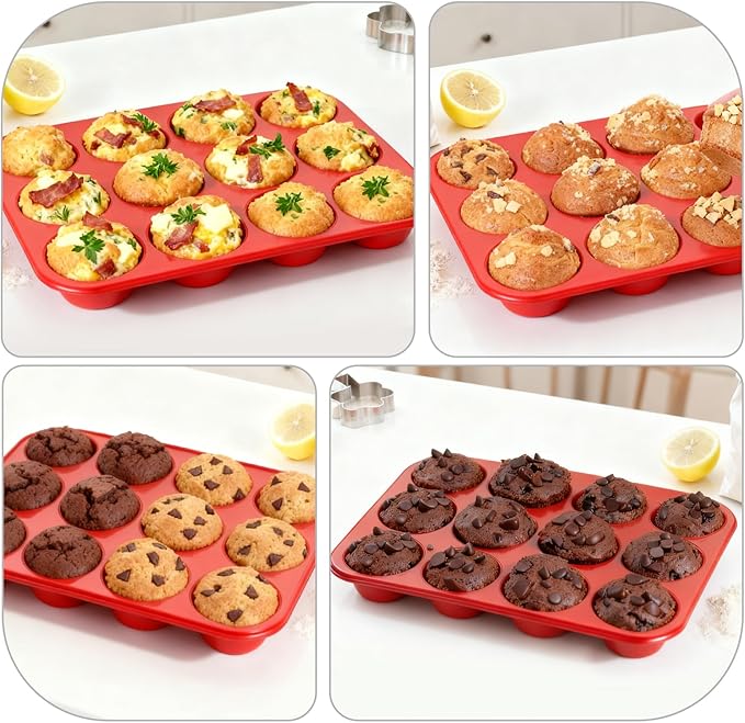 Samuelworld Silicone Muffin Pan for Baking: 24 Cup Muffin Pan with Metal Reinforced Frame, Regular Size Cupcake Egg Bites Molds for Baking, BPA Free Silicone Muffin Tray, 2 Pack, Red (With Scooper)