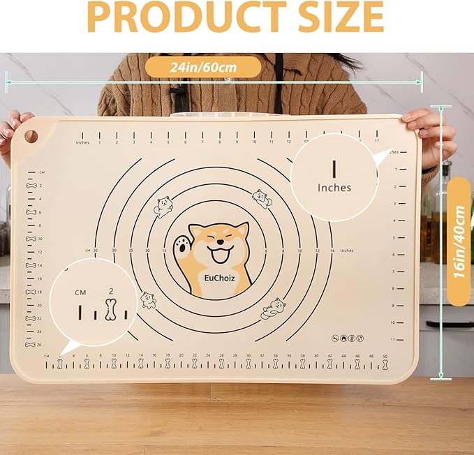 Silicone Pastry Mat 24"*16" Extra Thick Non Stick Baking Mat Food Grade Silicone Dough Rolling Bake Mat with Edge Heightening Cartoon Beige