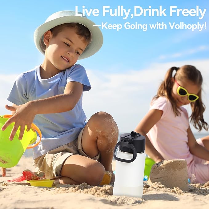 Volhoply 14oz KIds Water Bottle with Straw Lid and Silicone Boot Bulk 6 Pack,Stainless Steel Insulated Cups for Boys & Girls Multipack,Double Wall Vacuum Leakproof Bottles(White,6)