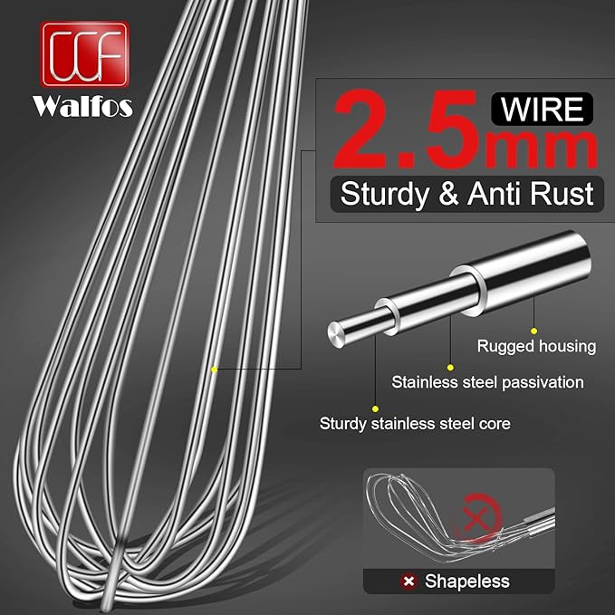 Walfos Whisks Large Whisk Set of 2, Heavy Duty Stainless Steel Wire Whisk Ideal For Beating Eggs, Mixing Batter & Blending Sauces.（13in+17in)