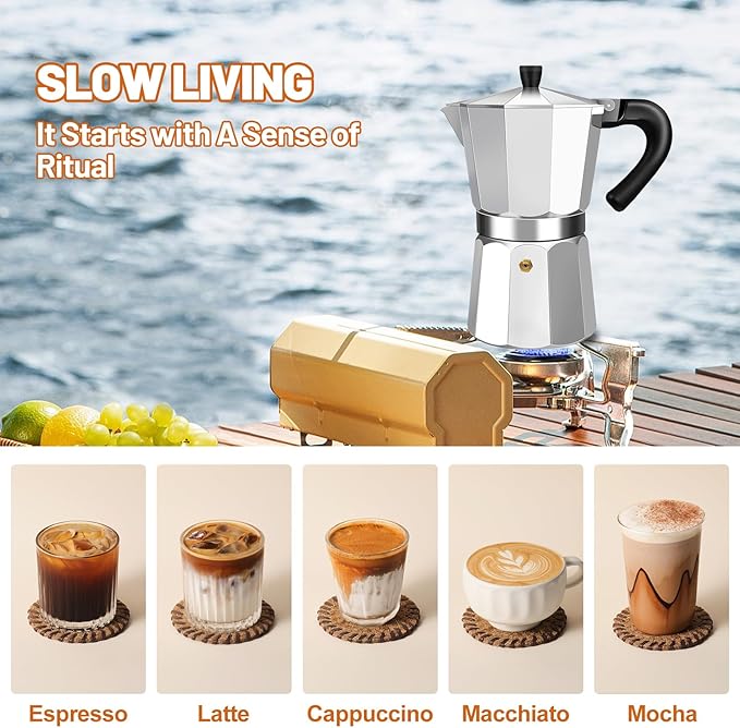 6 Cup Aluminum Espresso Stovetop Moka Pot Express Coffee Maker Percolator Italian Classic Mocha Coffee Machine for Italian and Cuban Cafe Brewing for Home & Camping 300ml 10oz