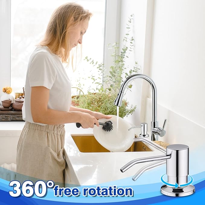 Chrome Soap Dispenser for Kitchen Sink, WEWE Kitchen Sink Soap Dispenser Built in for Counter Top Refillable Under Sink in Sink Soap Dispenser Stainless Steel Polished Chrome