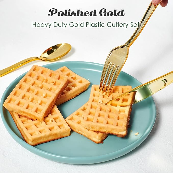 FOCUSLINE 300 Pack Disposable Gold Plastic Forks, Solid and Durable Plastic Cutlery Forks, Heavy Duty Disposable Utensil Silverware for Catering, Parties, Dinners, Weddings