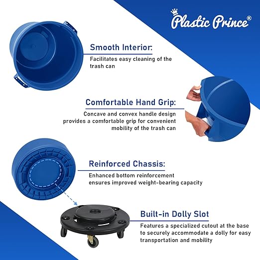 PLASTIC PRINCE 44 Gallon Round Trash Can Garbage Can Blue Waste Container for Home Garage Restaurants Warehouses