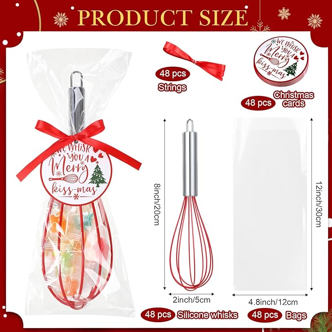 48 Sets 8 Inch Whisks Bulk DIY Fillable Whisks Gifts Set Colored Silicone Whisks for Cooking Heat Resistant Egg Beaters with Card Rope Bag for Candy Holder