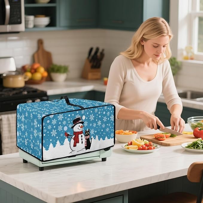 Microwave Oven Cover Air Fryer Toaster Oven Dust Cover, Stain-resistant Small Electric Appliance Protector, M, Snowman Black Cat Snowflake Blue Christmas Decorations