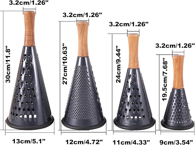 Cone Cheese Grater with Handle Stainless Steel Grater Triple Function Wood Handle Shredder Non-Slip Rubber Bottom Hand Held Multifunction Vegetables Grater Black 4-Size (Size M: 9.4" X 4.3" Black)