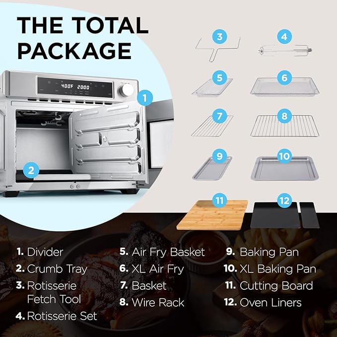 Ivation Dual Zone Air Fryer French Door Oven - 32 Quatity Convection Toaster Combo, 10-in-1 Multifunction Up to 450° - 1800W - Temperature Control, Timer - Stainless Steel - Dehydrate, Bake, Roast