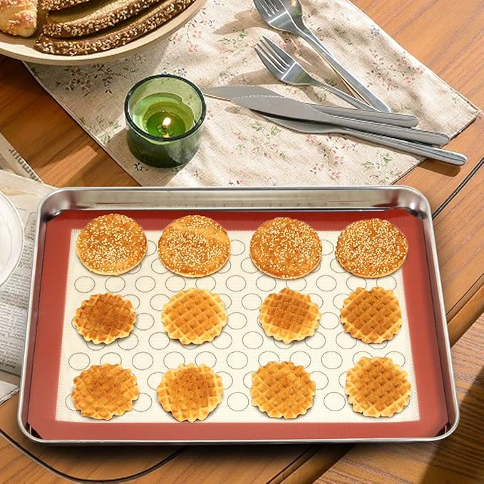 Wildone Baking Sheet with Silicone Mat Set, Set of 4 (2 Sheets + 2 Mats), Wildone Stainless Steel Cookie Sheet Baking Pan with Silicone Mat, Size 10 x 8 x 1 inch, Non Toxic & Heavy Duty & Easy Clean