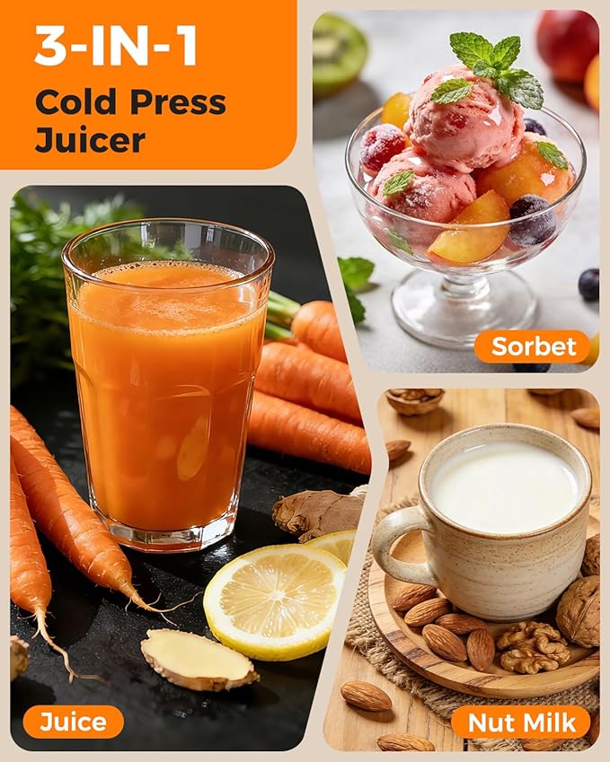 ACOQOOS Juicer Machines, 6.5" Extra Large Feed Chute Cold Press Juicer 3-IN-1 with Sorbet & Nut Milk, BPA Free, Easy to Clean, 100 OZ Hopper, Graphite Gray