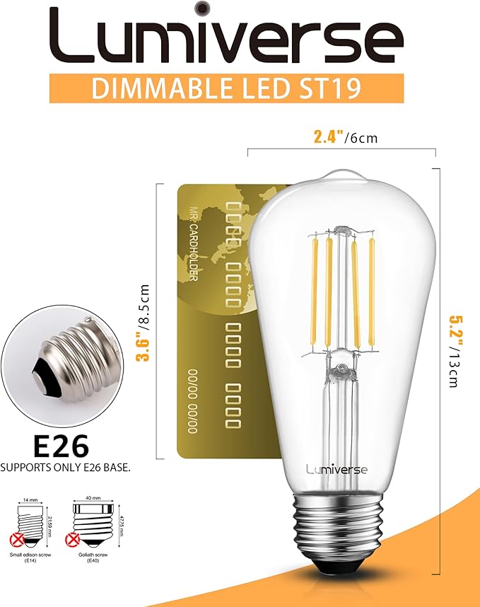 Lumiverse 120 Pack E26 led Bulb 60 watt dimmable Vintage LED Edison Bulbs 5.5W, 60W Equivalent, 2700K Soft White, Antique Style ST19/ST58 LED Light Filament Bulbs, CRI 90+, E26 Base