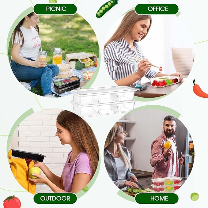 Hushee 10 Pack 17 oz Small Meal Prep Containers with 3 Compartments Snack Containers with Lid Disposable Plastic Bento Box Travel Lunch Food Boxes Stackable for Office Picnic (Black,Clear)