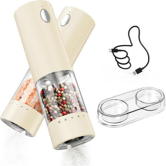 CIRCLE JOY Electric Salt and Pepper Grinder Set Rechargeable Salt and Pepper Mills with Storage Base, Adjustable Coarseness and LED White Light, Washable 95ml Container, Light Yellow