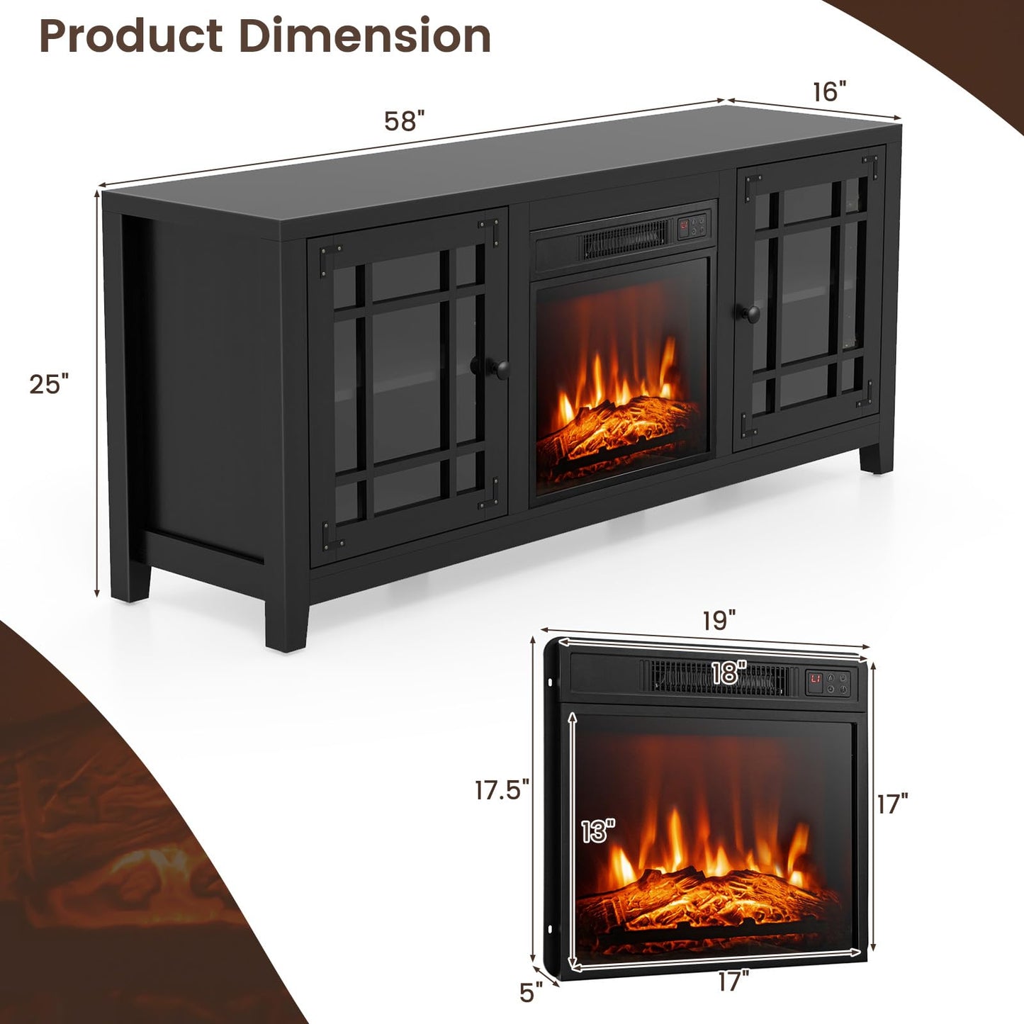 COSTWAY Electric Fireplace TV Stand for TVs up to 65-inch, 18-inch Fireplace Entertainment Center with Remote Control, Thermostat, TV Console with Adjustable Shelves for Living Room Bedroom, Black