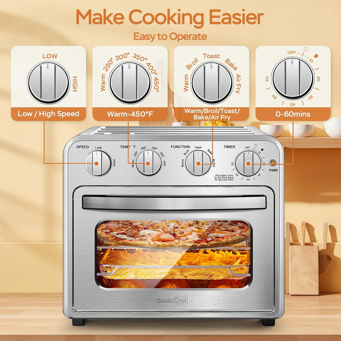 Air Fryer, Geek Chef Convection Air Fryer Toaster Oven, 4 Slice Toaster Airfryer Countertop Ovens, Electric Hot Ovens Oilless Cooker, Accessories & E-Recipes Included, ETL Listed, 16QT