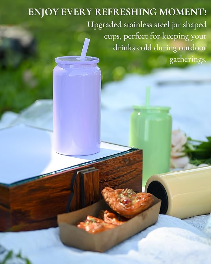 Glass Cups with Lids and Straws, 16oz Stainless Steels Cups, Beer Cups, Iced Coffee Cup, Smoothie Cup, Sublimation Tumbler, Purple (Smooth Polished Finish, Sublimatable)
