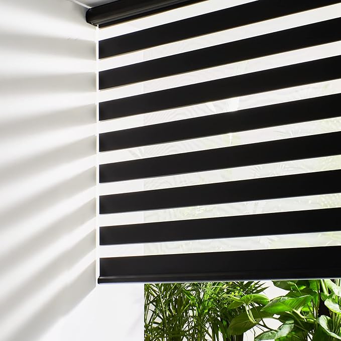 Persilux Custom Size Cordless Zebra Blinds for Windows Free-Stop Roller Windows Shades Dual Layer Light Control for Day and Night, Light Filtering Sheer Shades for Home and Bedroom Black