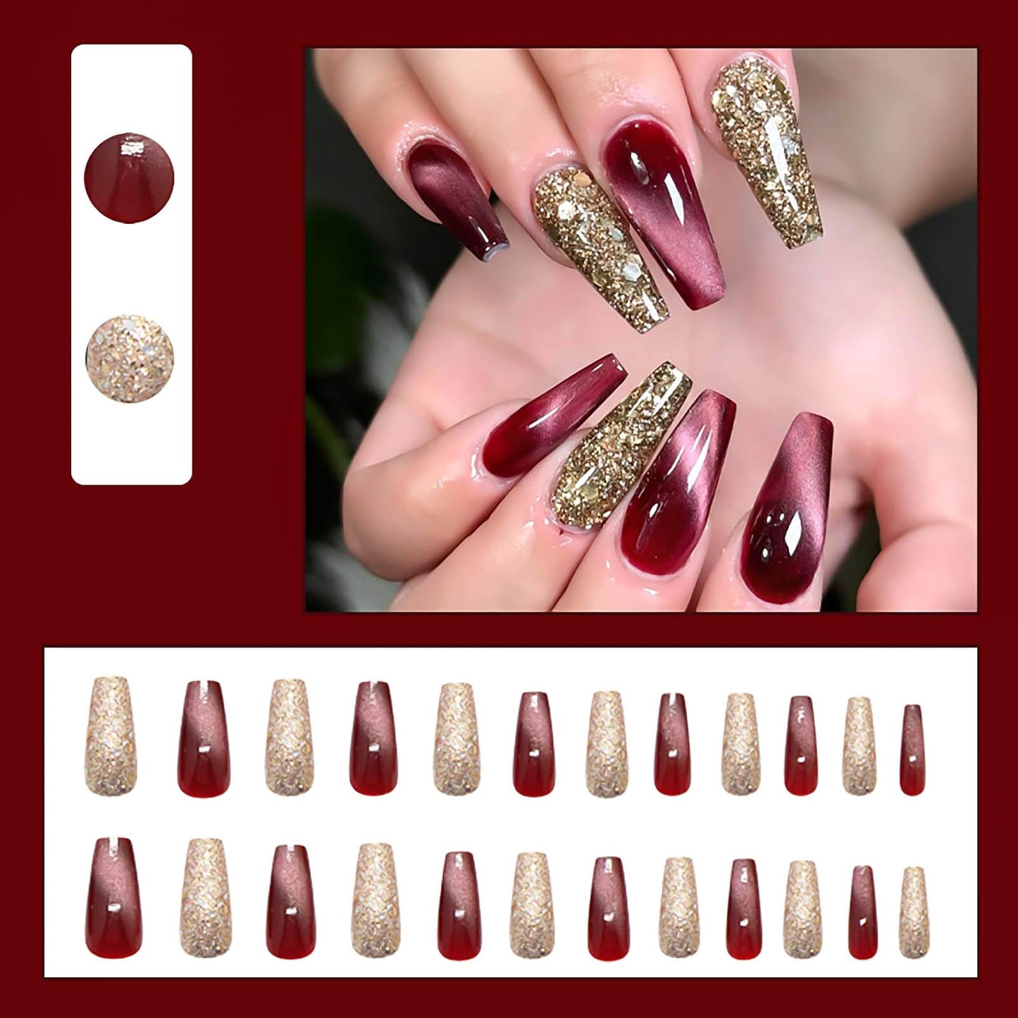 RUOKEXIN Long Coffin Press on Nails Cat Eye Fake Nails Gold Glitter False Nails with Designs Long Nail Press ons Full Cover Glue on Nails Sparkly Artificial Nails Cute Stick on Nails for Women 24Pcs