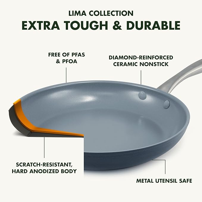 GreenPan Lima Hard Anodized 8" Frying Pan Skillet Nonstick, Ceramic Nonstick, PFAS-Free Nontoxic Pots and Pans, Oven & Broiler Safe, Stainless Steel Handle, Cookware for Eggs & Omelet,Gray(Pack of 2)
