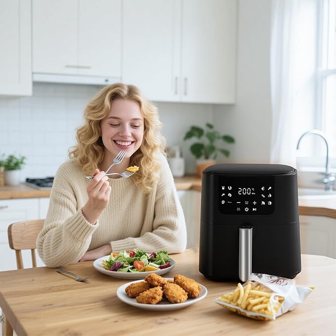 QIDO Air Fryer 8-in-1 with 5 QT Capacity,180°-450°F Precision Heating, Air Fry, Roast, Broil, Reheats, Dehydrates, Less Oil, Features Shake Reminder, Large Touch Display with Auto Menus, Dark Black