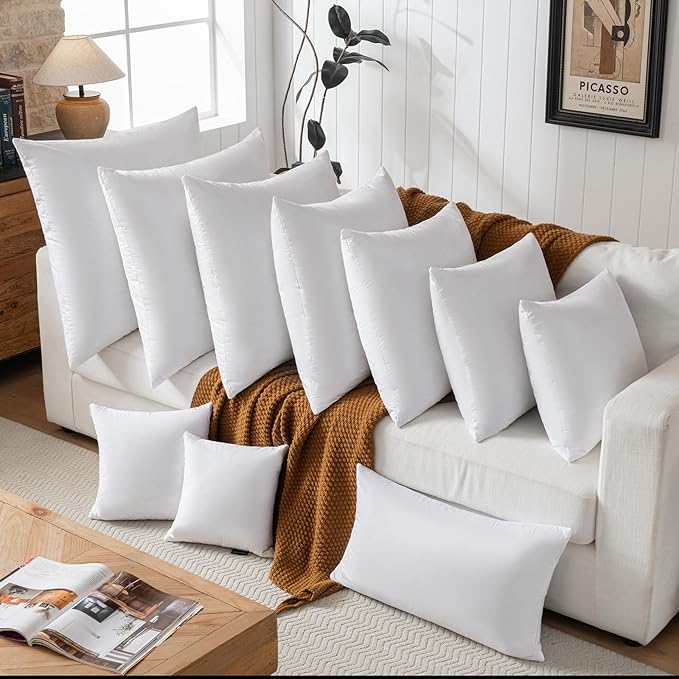 14x14 Decorative Throw Pillow Inserts-Down Feather Pillow Inserts-Square-Cotton Fabric-Set of 2-White.
