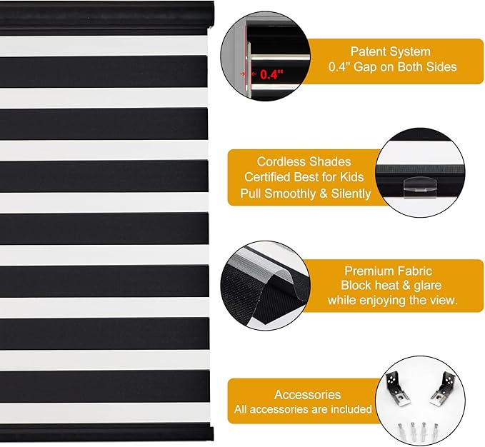 Persilux Cordless Zebra Blinds for Windows Free-Stop Roller Windows Shades (24" W X 72" H, Black) Dual Layer Light Control for Day and Night, Light Filtering Sheer Shades for Home, Bedroom