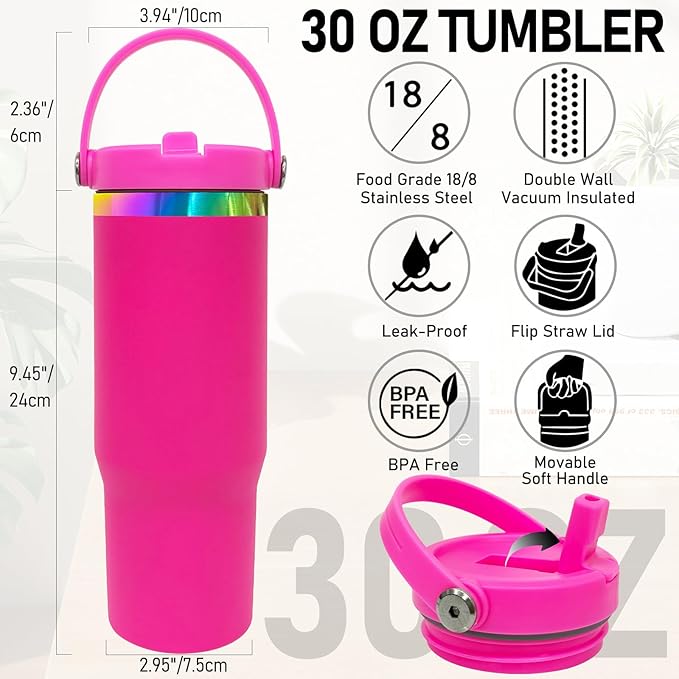 30 oz Tumbler with Handle and Straw, Vacuum Insulated Tumblers with Flip Straw and Top Handle, Leakproof Powder Coated Tumbler, Stainless Steel Travel Mug for Coffee Water (Rosy)