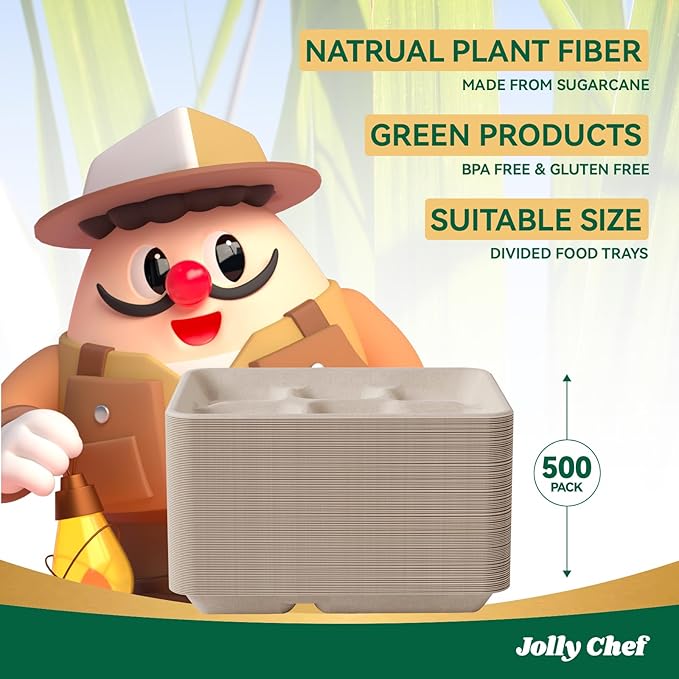 JOLLY CHEF Compostable 𝟱 Compartment Paper Plates 10*8.25*1 𝗶𝗻𝗰𝗵 [𝟱𝟬𝟬 𝗣𝗮𝗰𝗸] Small Heavy Duty Divided Disposable Eco-Friendly Biodegradable Food Trays for School Thanksgiving Day(Brown)