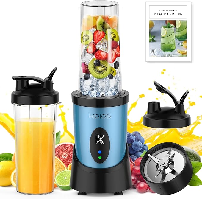 KOIOS Blender for Smoothies, Peak 900W Personal Blender for Kitchen Shakes and Smoothies, with 2×22oz Portable Cups and To-Go Lids, Detachable 4-Leaf Stainless Steel Blade, Nutrition Recipe, Blue