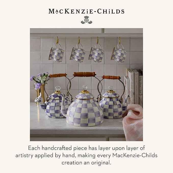 MACKENZIE-CHILDS Enamel Tea Kettle, Decorative Tea Kettle for Stovetop, 2 Quarts, Purple-and-White Violet Check