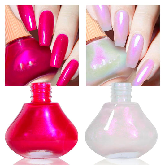COSMOO Hot Pink with Pearl 2pcs Nail Polish, 12ml Quick Dry Nail Lacquer, Super Lustrous Nail Enamel Polish, Shimmer Iridescent Ultrachrome Nail Art Varnish, 0.41 fl oz/pcs (Hot Pink + Pearl)