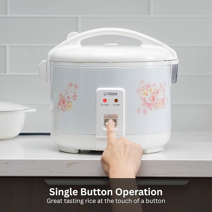 Tiger JNP-1500-LF 8 Cup Capacity White Rice Cooker with Non-Stick Inner Pot, Retractable Power Cord, and Keep Warm up to 12 hours (Flower)
