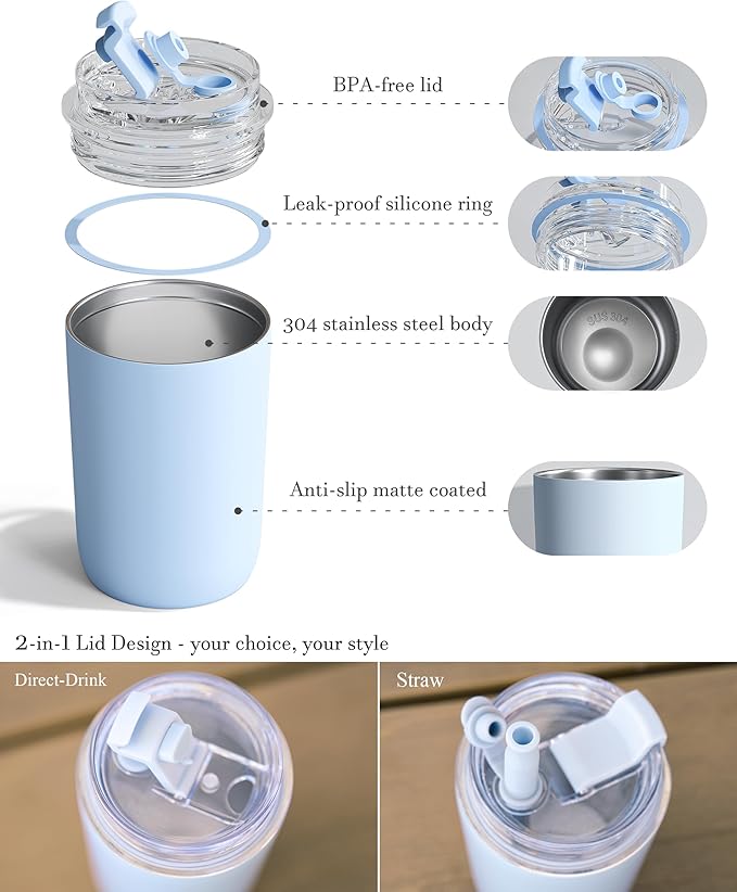 10 oz Insulated Coffee Tumblers, Travel Coffee Tumblers with Straw, Double-Wall Stainless Steel Tumbler, Leak Proof Tumbler, Reusable Cups with Lids for lced and Hot Drinks (Cream)