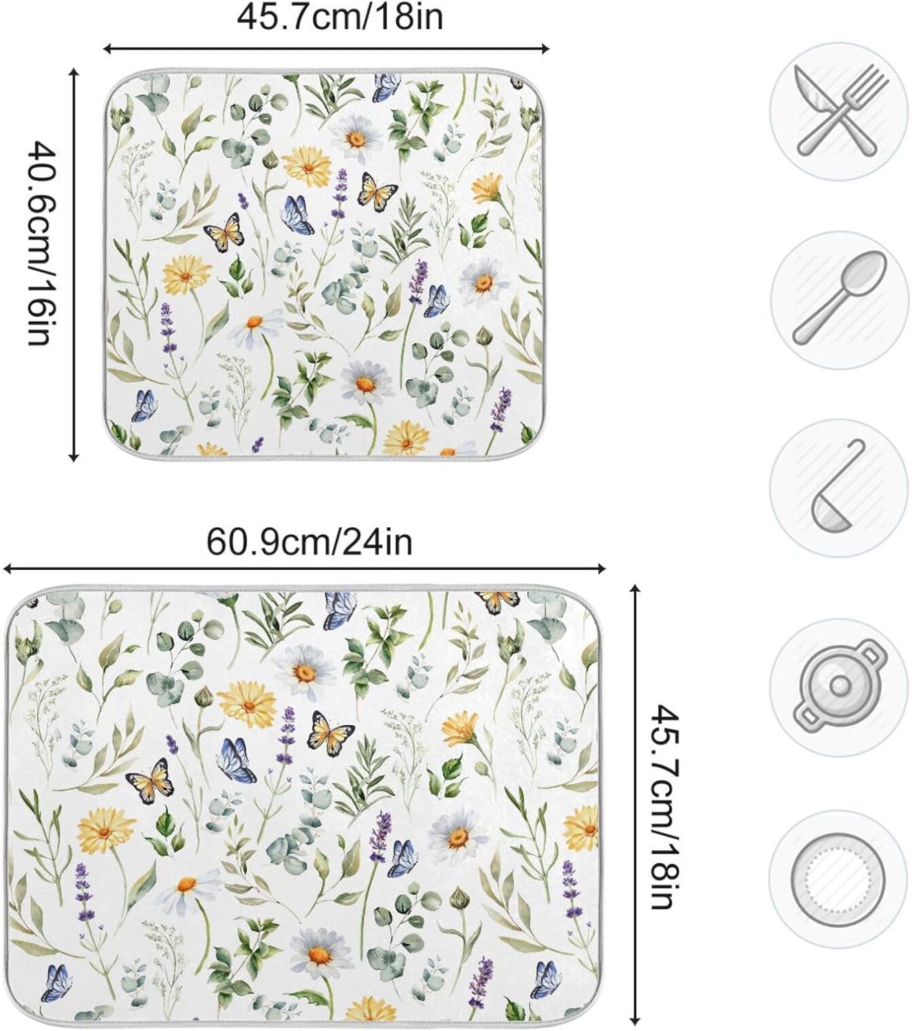Wildflowers Butterflies Botanical Leaves Dish Drying Mat for Kitchen Counter Absorbent Microfiber Drying Pad, Large 18x24 in, Reversible Drainer Mats