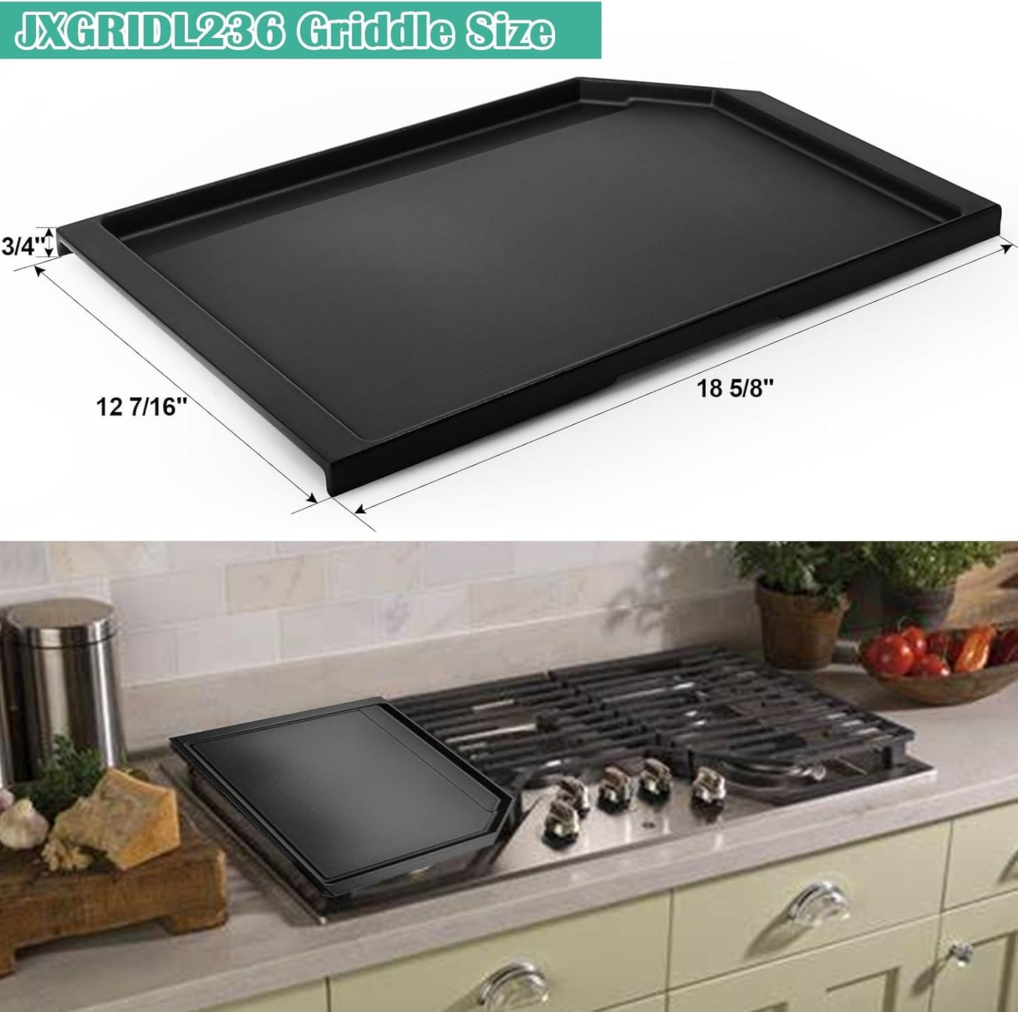 JXGRIDL236 Cast Iron Griddle Replacement for GE Gas Stove Top, JGP5036SLSS, PGP7036SLSS PGP9036SL1SS PGP7036SL1SS PGP9036SLSS, GE Cafe CGP70362NS1, 5 Burner Griddle Plate Flat Cooktop.