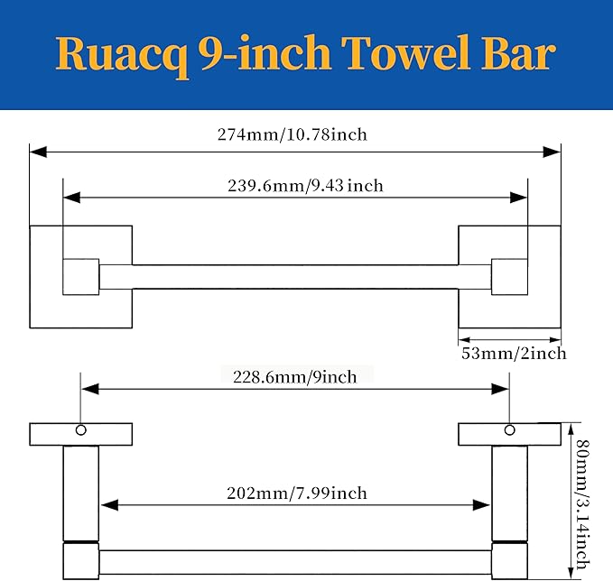 RUACQ Hand Towel Holder, 9 Inch Hand Towel Bar for Bathroom Wall Mounted, 304 Stainless Steel Towel Rack with Square Base(Matte Black)