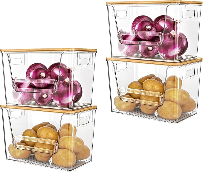 Delamu 4 Pack Pantry Organizers and Storage,Trash Bag Dispenser with Bamboo Top,Stackable Trash Bag Dispenser Under Sink Organizer for 4-30 GalBags,Onion,Potato,Fruits,Clear