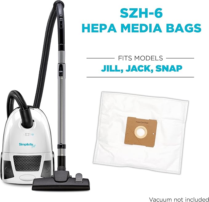 Simplicity Vacuums SZH-6 Jill Canister Vacuum Replacement Bags with Certified Hepa Media, Fits with Simplicity Jill, Jack, and Snap Bagged Vacuum Canister Models, Type Z Bags, 6-pack Set