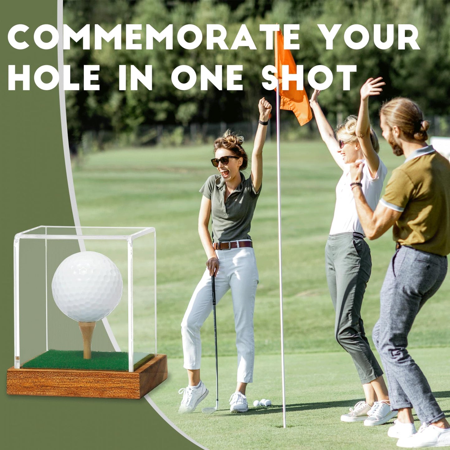 JupDec Golf Ball Display Case Clear Acrylic Memorabilia Stand Cube Holder with Wood Base & Tee, Dust Protection Transparent Storage Box for Single Ball Souvenir Golfball Collections, Brown, 1 Pack