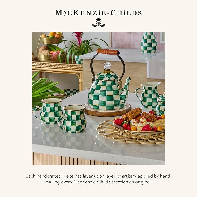 MACKENZIE-CHILDS Enamel Pedestal Platter, Round Cake Stand, Small, Green-and-White Emerald Check